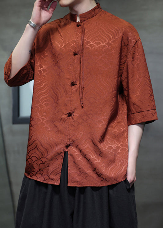 Jacquard Orange Stand Collar Chinese Button Ice Silk Men Shirts Summer YT068 Men-Silk-MENSTP240721