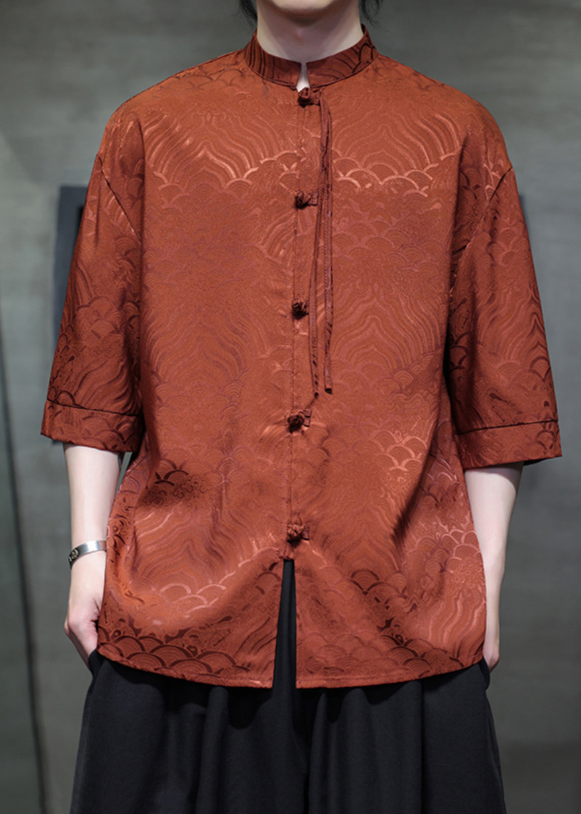 Jacquard Orange Stand Collar Chinese Button Ice Silk Men Shirts Summer YT068 Men-Silk-MENSTP240721