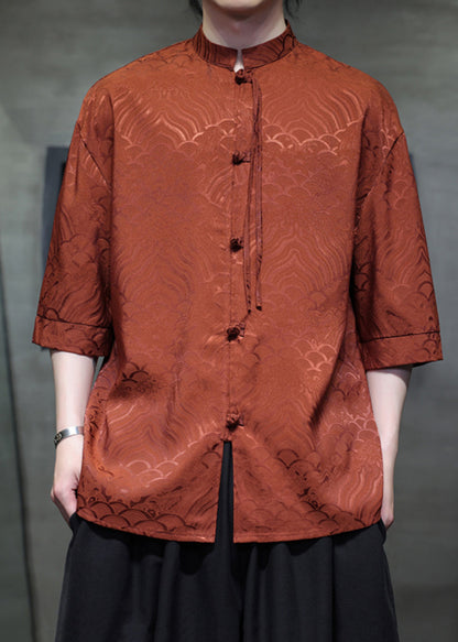 Jacquard Orange Stand Collar Chinese Button Ice Silk Men Shirts Summer YT068 Men-Silk-MENSTP240721
