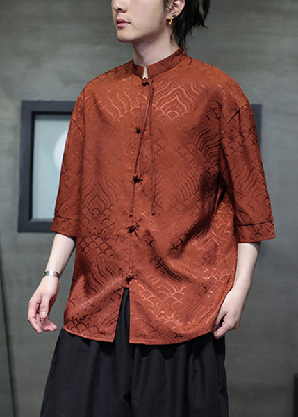 Jacquard Orange Stand Collar Chinese Button Ice Silk Men Shirts Summer YT068 Men-Silk-MENSTP240721