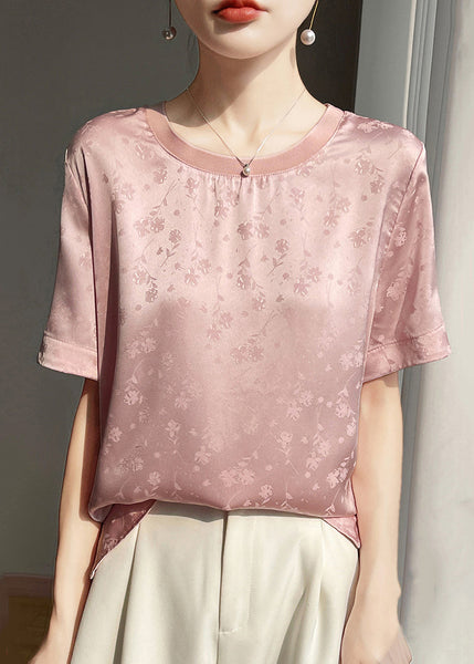 Shirt T Silk Jacquard Summer Side Open Neck O Pink FashionChic