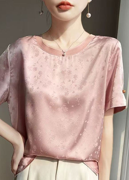 Shirt T Silk Jacquard Summer Side Open Neck O Pink FashionChic