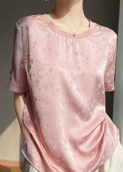 Shirt T Silk Jacquard Summer Side Open Neck O Pink FashionChic