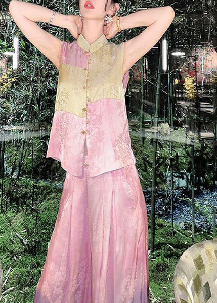 Jacquard Pink Stand Collar Patchwork Silk Cotton Shirts And Wide Leg Pants Two Piece Set Sleeveless UU1035 SH-LF-TPIEC240526