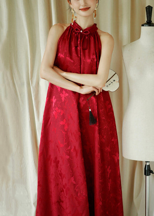 Cotton Red Jacquard Sleeveless Bow Loose Maxi Dresses FashionChic