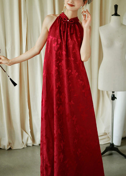 Cotton Red Jacquard Sleeveless Bow Loose Maxi Dresses FashionChic