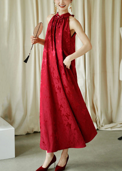 Cotton Red Jacquard Sleeveless Bow Loose Maxi Dresses FashionChic
