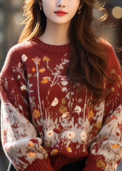 Jacquard Red O-Neck Cozy Loose Knit Sweater Winter WM019 ABC