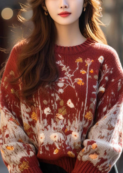 Jacquard Red O-Neck Cozy Loose Knit Sweater Winter WM019 ABC