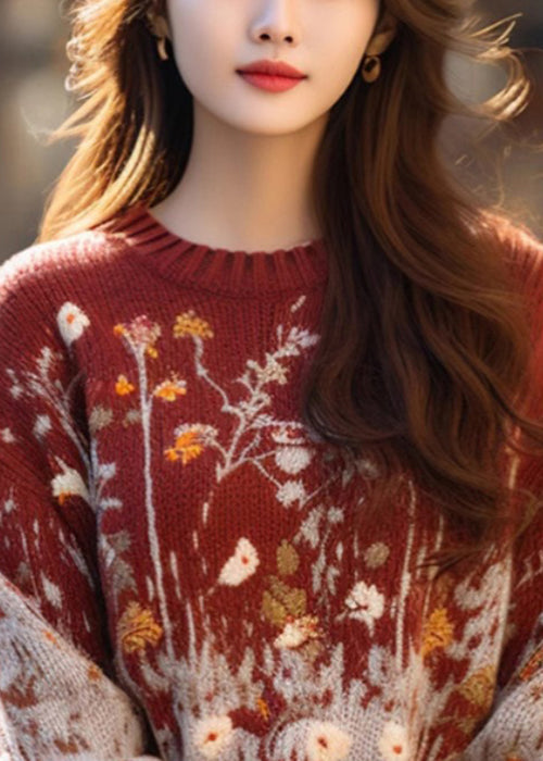 Jacquard Red O-Neck Cozy Loose Knit Sweater Winter WM019 ABC