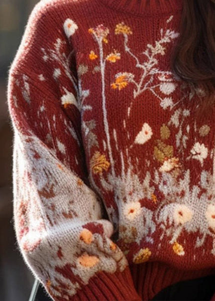 Jacquard Red O-Neck Cozy Loose Knit Sweater Winter WM019 ABC