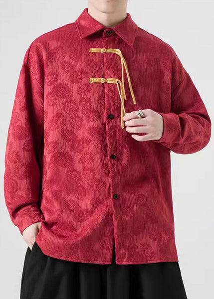 Jacquard Red Peter Pan Collar Button Warm Fleece Shirt Men Winter WJ027 MENLTP241119