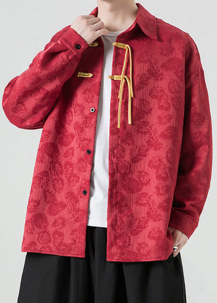 Jacquard Red Peter Pan Collar Button Warm Fleece Shirt Men Winter WJ027 MENLTP241119