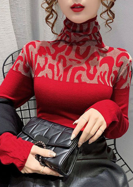 Spring Jacquard T Patchwork Red Cotton Shirts Turtleneck FashionChic