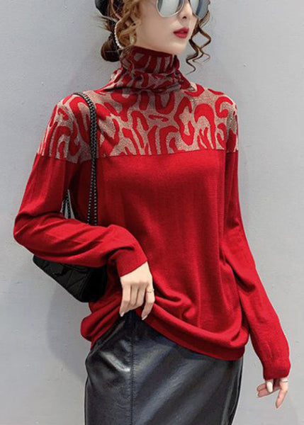 Spring Jacquard T Patchwork Red Cotton Shirts Turtleneck FashionChic