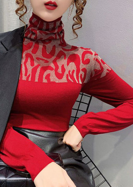 Spring Jacquard T Patchwork Red Cotton Shirts Turtleneck FashionChic