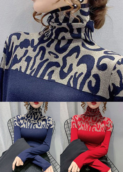 Spring Jacquard T Patchwork Red Cotton Shirts Turtleneck FashionChic