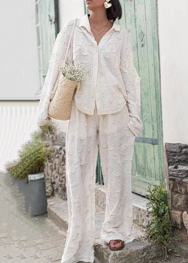 Jacquard White Button Cotton Shirts And Pants Sets 2 Pieces Long Sleeve BB070 Hawaii-TPIEC240622