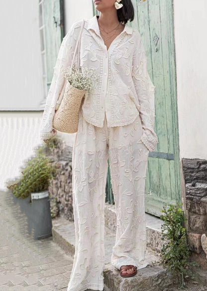 Jacquard White Button Cotton Shirts And Pants Sets 2 Pieces Long Sleeve BB070 Hawaii-TPIEC240622