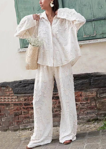 Jacquard White Button Cotton Shirts And Pants Sets 2 Pieces Long Sleeve BB070 Hawaii-TPIEC240622