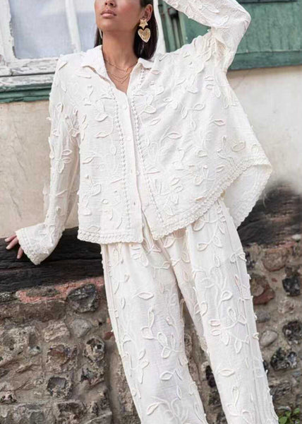 Jacquard White Button Cotton Shirts And Pants Sets 2 Pieces Long Sleeve BB070 Hawaii-TPIEC240622