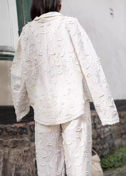 Jacquard White Button Cotton Shirts And Pants Sets 2 Pieces Long Sleeve BB070 Hawaii-TPIEC240622