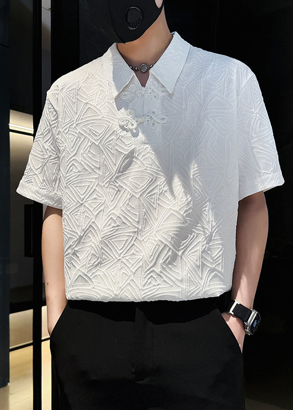 Polo Jacquard Solid Chinese Cotton Button Shirts Mens White FashionChic