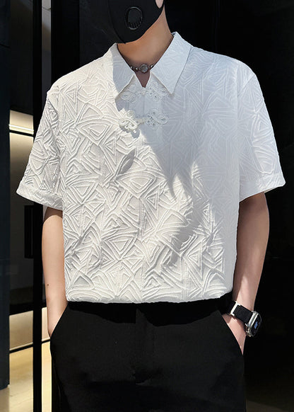 Polo Jacquard Solid Chinese Cotton Button Shirts Mens White FashionChic