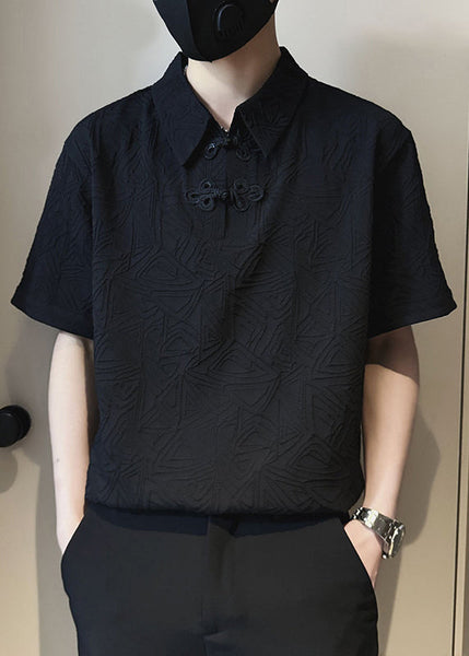 Polo Jacquard Solid Chinese Cotton Button Shirts Mens White FashionChic