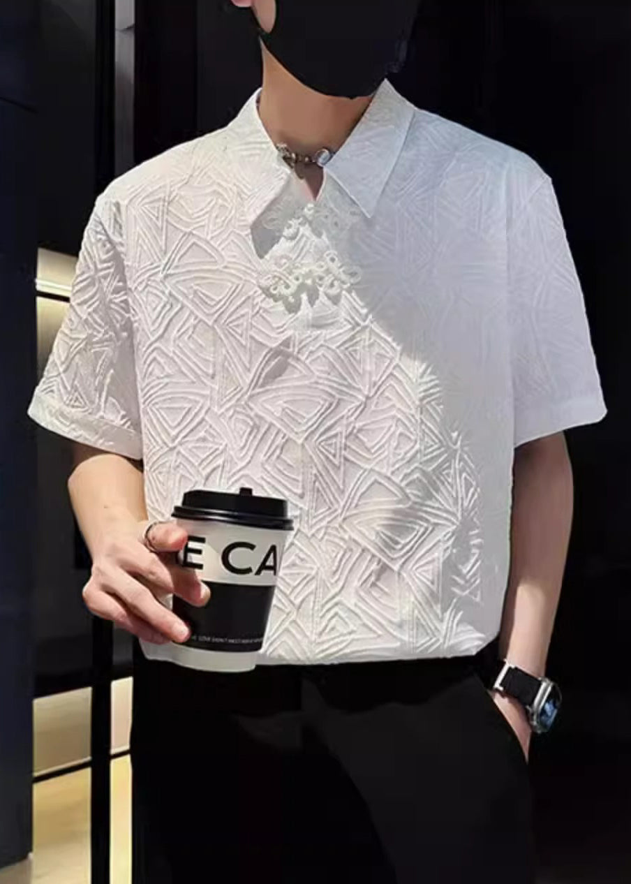 Polo Jacquard Solid Chinese Cotton Button Shirts Mens White FashionChic