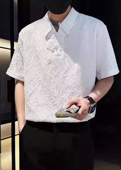 Polo Jacquard Solid Chinese Cotton Button Shirts Mens White FashionChic