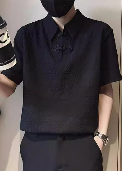 Polo Jacquard Solid Chinese Cotton Button Shirts Mens White FashionChic