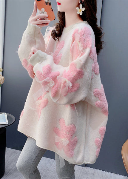 Jacquard White O-Neck Bow Cozy Knit Sweater Spring YW036 ABC