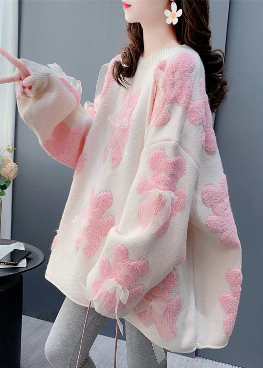 Jacquard White O-Neck Bow Cozy Knit Sweater Spring YW036 ABC