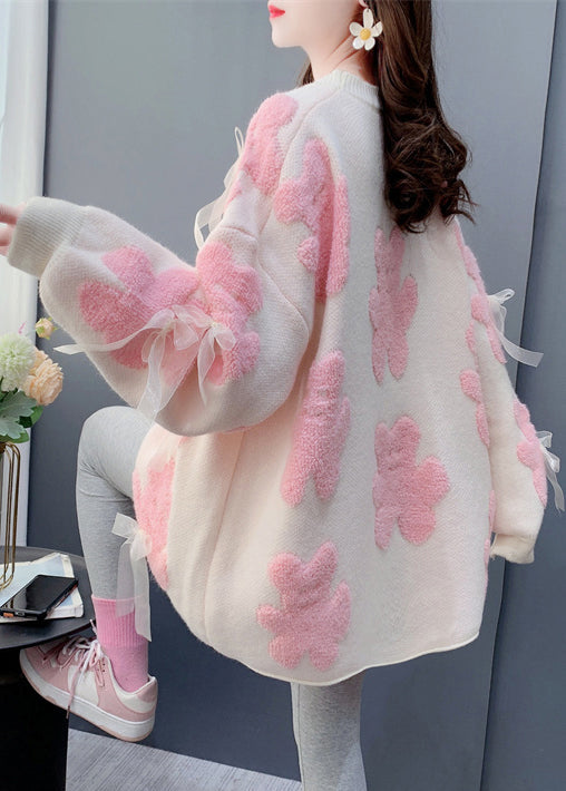 Jacquard White O-Neck Bow Cozy Knit Sweater Spring YW036 ABC