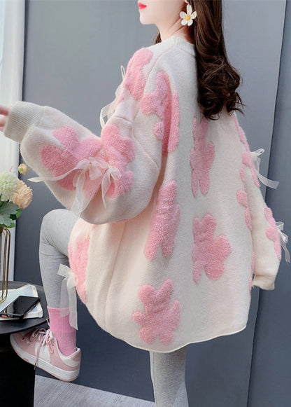 Jacquard White O-Neck Bow Cozy Knit Sweater Spring YW036 ABC