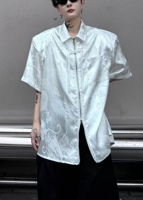 Jacquard White Peter Pan Collar Button Silk Men Shirts Summer YT061 Men-Silk-MENSTP240721