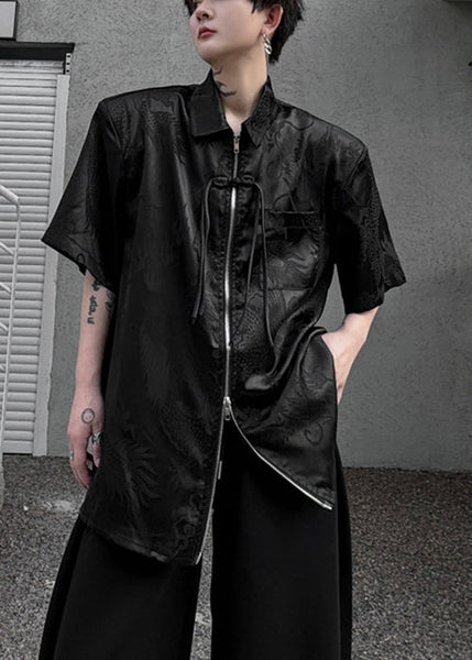 Jacquard White Peter Pan Collar Button Silk Men Shirts Summer YT061 Men-Silk-MENSTP240721