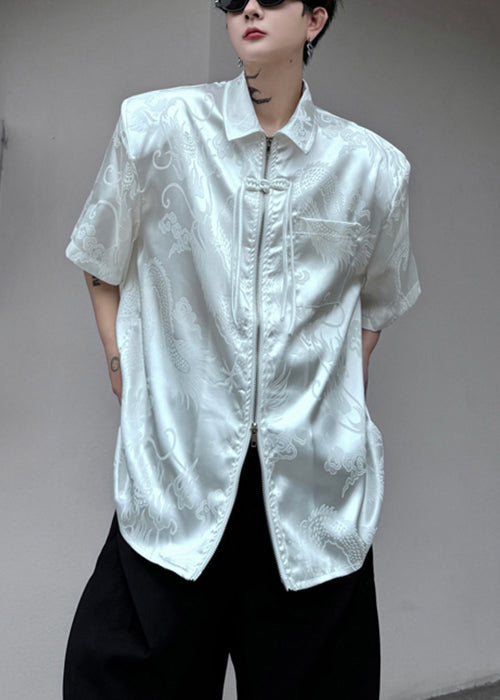 Jacquard White Peter Pan Collar Button Silk Men Shirts Summer YT061 Men-Silk-MENSTP240721
