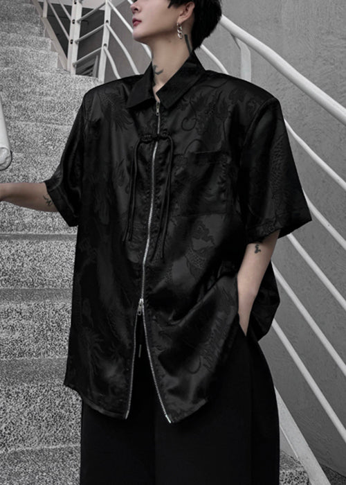 Jacquard White Peter Pan Collar Button Silk Men Shirts Summer YT061 Men-Silk-MENSTP240721