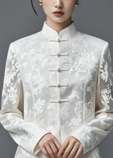 Jacquard White Stand Collar Button Thin Silk Cotton Coats Fall AG1034 OM-ZS240912