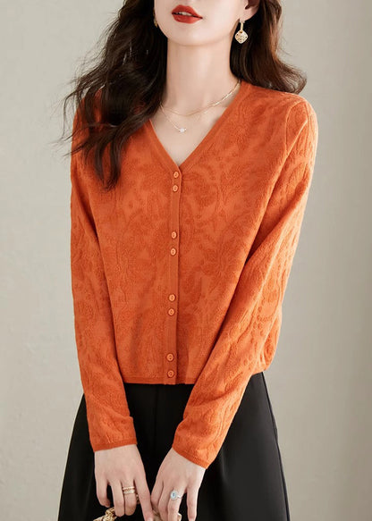 Jacquard Yellow V Neck Button Solid Knit Cardigan Fall QS006 OM-BB241010