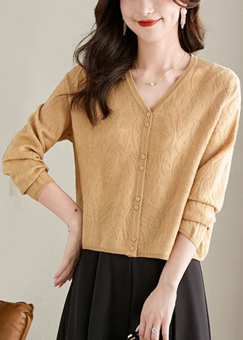 Jacquard Yellow V Neck Button Solid Knit Cardigan Fall QS006 OM-BB241010