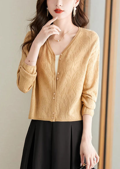 Jacquard Yellow V Neck Button Solid Knit Cardigan Fall QS006 OM-BB241010