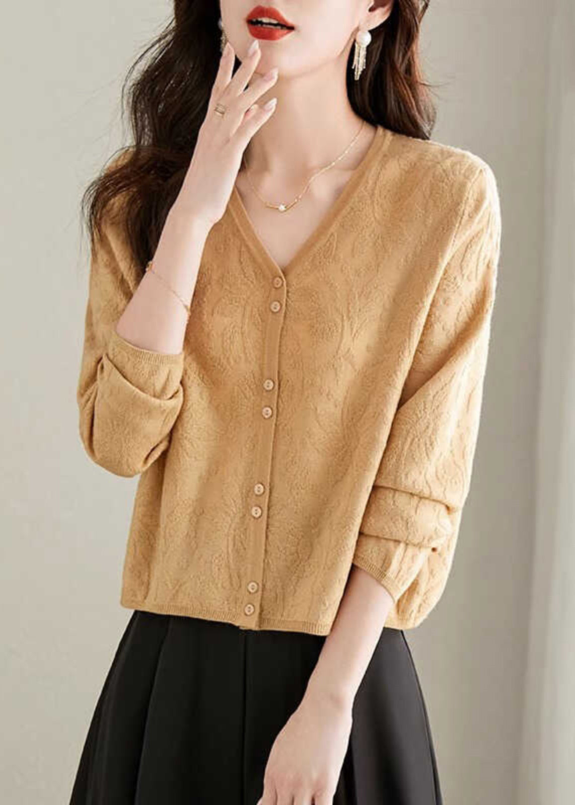 Jacquard Yellow V Neck Button Solid Knit Cardigan Fall QS006 OM-BB241010