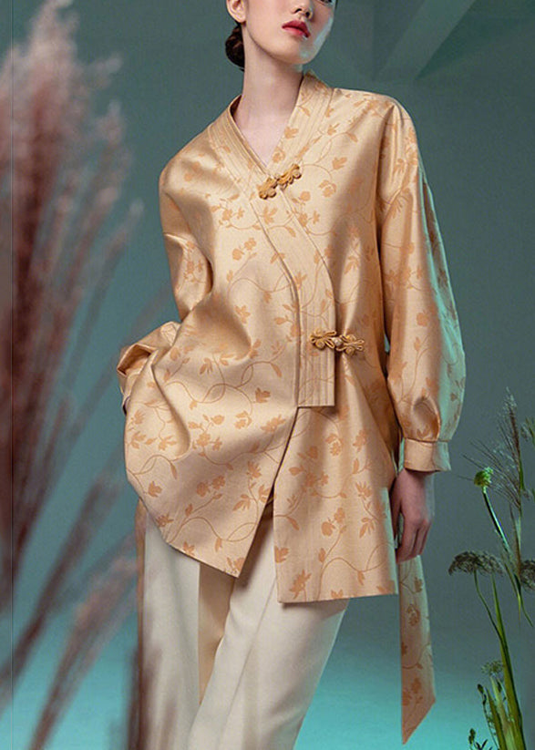 Jacquard Yellow V Neck Chinese Button Silk Coat Long Sleeve Ada Fashion
