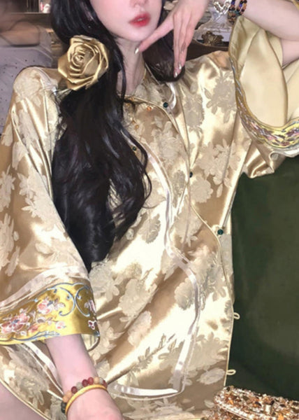 Jacquard Yellow V Neck Embroidered Button Silk Coats Spring UU1044 SH-LF-CTS240526