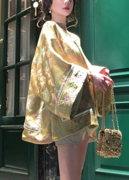 Jacquard Yellow V Neck Embroidered Button Silk Coats Spring UU1044 SH-LF-CTS240526