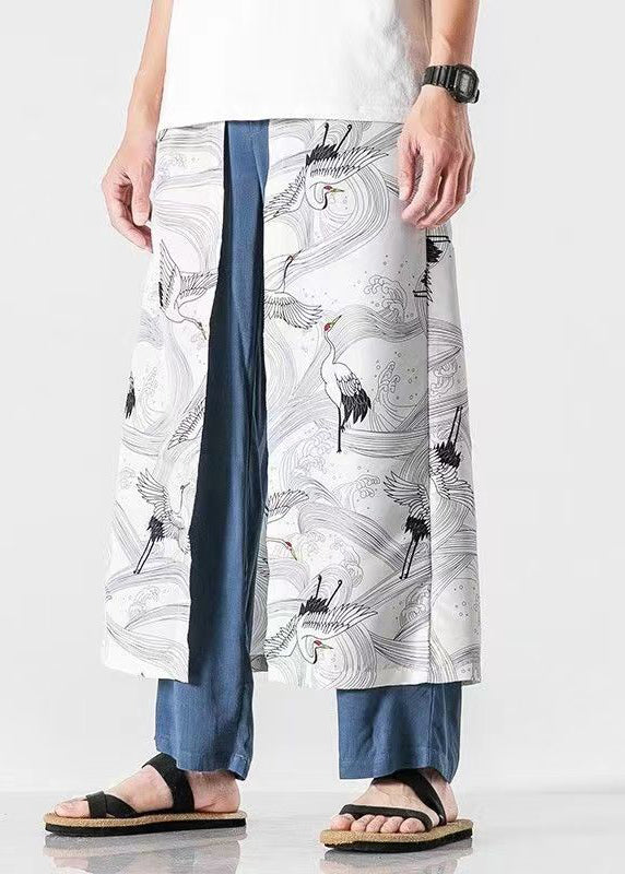 Japanese Casual Peacock Blue Oriental Print Cotton Men Pants Summer SA049 Men-casual-MENCP240726