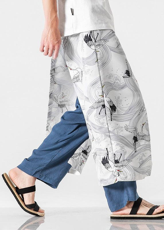 Japanese Casual Peacock Blue Oriental Print Cotton Men Pants Summer SA049 Men-casual-MENCP240726